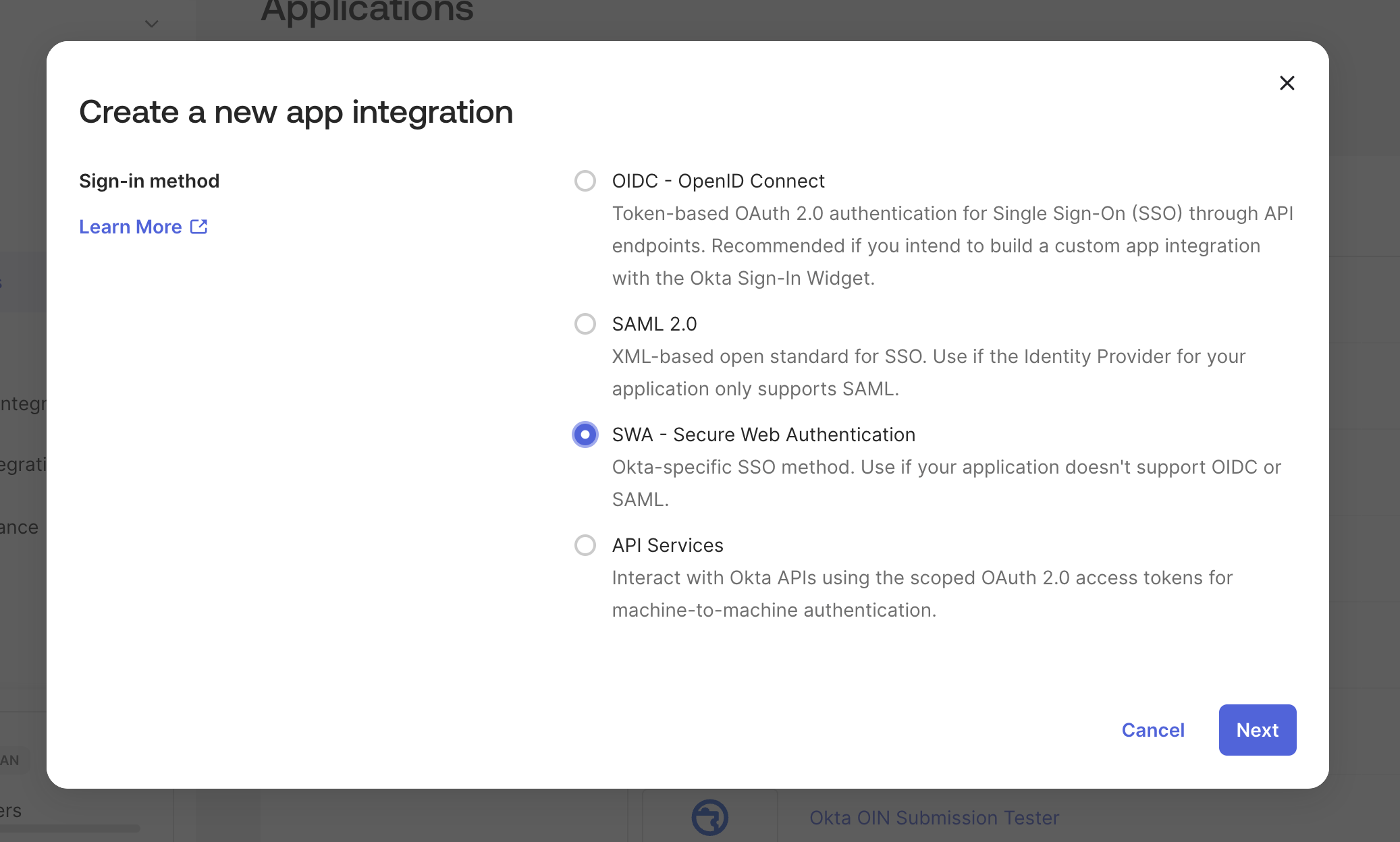 Select SWA as the sign-in method