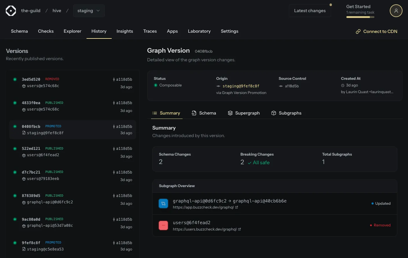 Schema Version Promotion Rollback in History View
